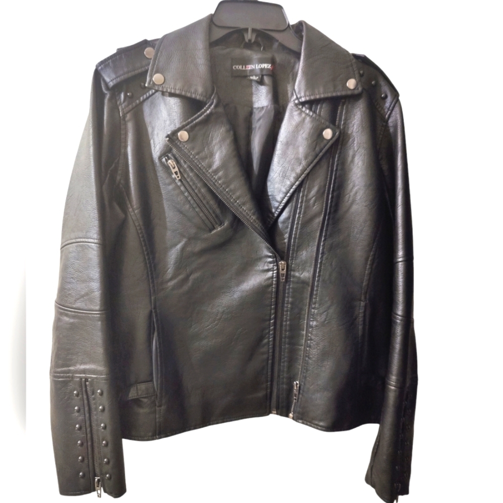 Colleen Lopez Black Vegan Faux Leather Stud Moto Jacket Womens Size L